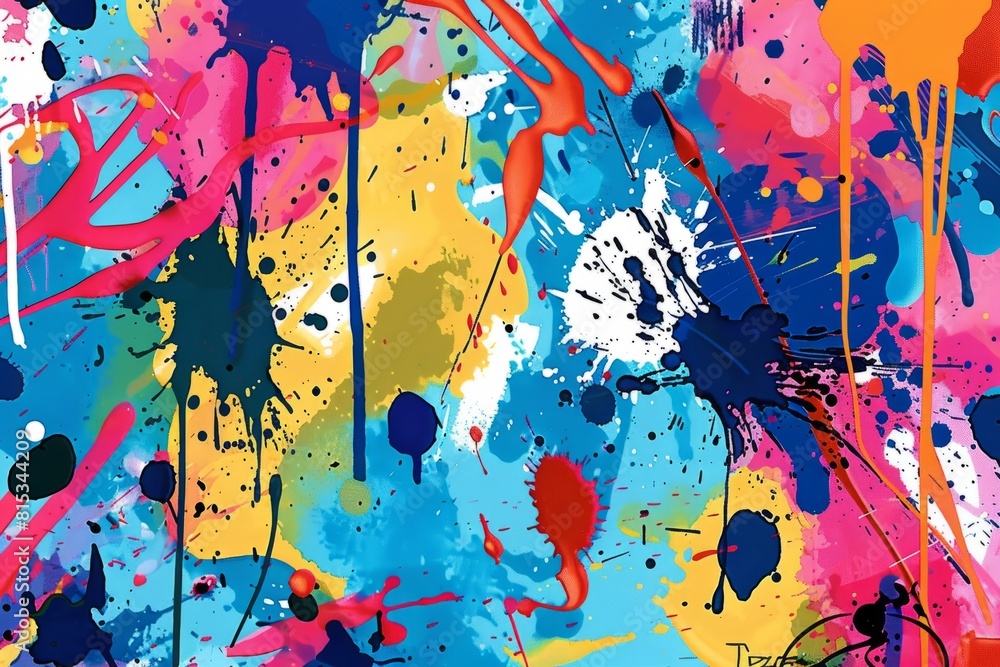 Cartoon cute doodles of splashes and splatters of paint forming an abstract expressionist artwork, Generative AI 