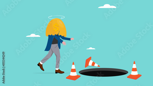 investment scam, Financial Fraud or Illegal Investment, ponzi scheme concept, businessman investor who is lulled by fake investments who walks forward towards a trap hole