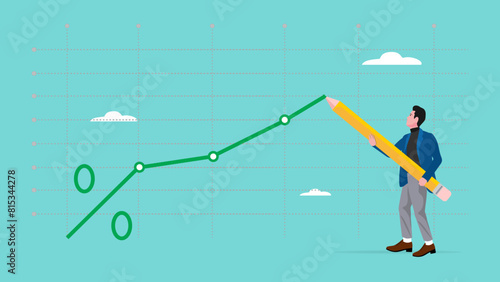 rising interest rates, percentage increase in interest rates on mortgage or financial bank, businessman draws a graph of the percentage increase in interest rates with a pencil
