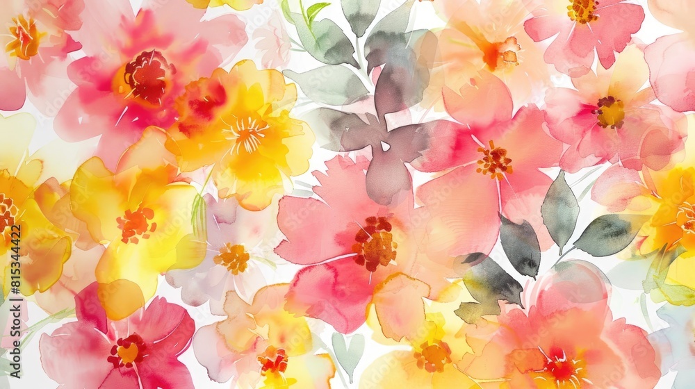 Delight in this vibrant and charming collection of hand drawn watercolor flowers showcasing a profusion of yellow pink and red blossoms perfect for adorning cards prints and invitations The