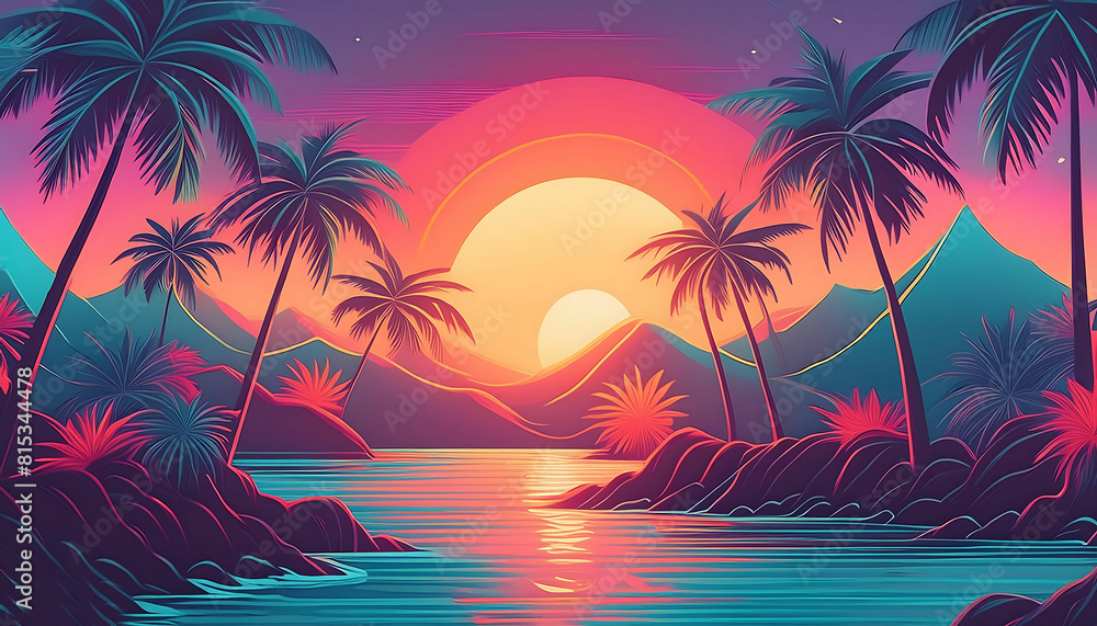 Tropical illustration with palm trees and mountains and lake with sunset.