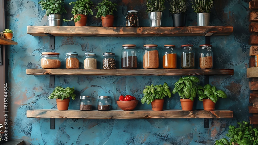 A vibrant boho kitchen scene showcasing a wall covered in eclectic art, with mismatched wooden shelves holding colorful spices and herbs. A vibrant boho kitchen scene showcasing a wall covered in eclectic art, with mismatched wooden shelves holding colorful spices and herbs.