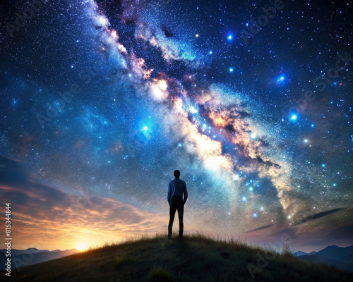 Amidst the quietude of the night, a solitary figure stands on a hill, surrounded by the ethereal glow of stars. The scene evokes a sense of tranquility and connection with the cosmos.