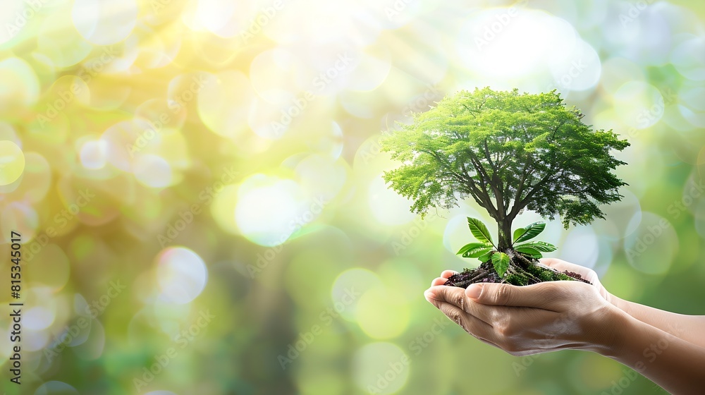 World environment day concept Human hands holding big tree over blurred abstract beautiful green nature background : Generative AI World environment day concept Human hands holding big tree over blurred abstract beautiful green nature background : Generative AI