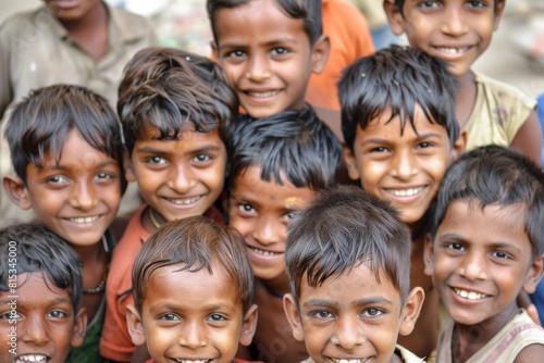 Group of indian children smiling at the camera. Selective focus.