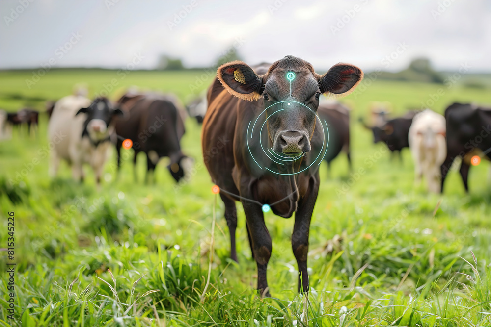 Farmer monitoring livestock with sensor technology, optimizing animal health in agriculture. Farmer monitoring livestock with sensor technology, optimizing animal health in agriculture.