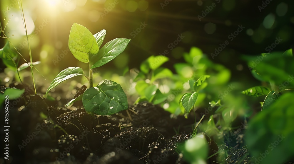 Environment save clean planet ecology conceptWorld Earth Day banner Young green plant growing at sunlight : Generative AI