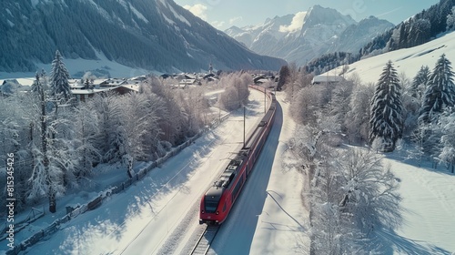 Aerial view of Train passing through famous mountain in Filisur, Switzerland. train express in Swiss Alps snow winter scenery. --ar 16:9 Job ID: 7287b70b-cf57-45d5-b296-2b088dda3a03 photo