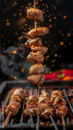  Delicious and juicy pieces of meat are cooked on a skewer over an open fire.