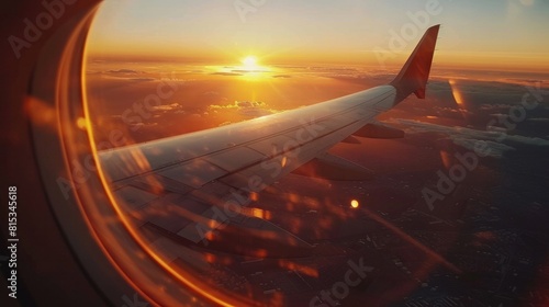 Airplane flight at sunset or dawn. Aircraft's wing and land seen through the illuminator. View from the window of the plane. Airplane, Aircraft. Traveling by air. --ar 16:9 Job ID: 28c17e0e-a518-4f99- photo