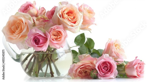 beautiful roses in glass jug on white background --ar 16 9 Job ID  91d4fd3d-fe09-41a4-ae1e-6e5009cab0f2