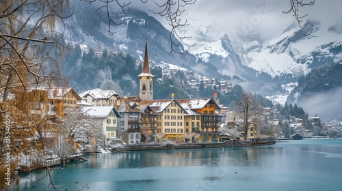 Brienz town on Lake Brienz by Interlaken  Switzerland  with snow covered Alps mountains in background --ar 16 9 Job ID  fbcc3157-1f5f-44ca-932b-dd5832737c6d