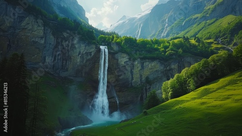Captivating summer view of waterfall in Lauterbrunnen village. Gorgeous outdoor scene in Swiss Alps, Bernese Oberland in the canton of Bern, Switzerland, Europe. Traveling concept background. --ar 16:
