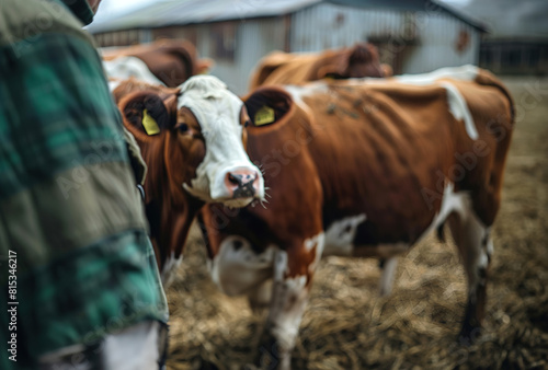 Farmer monitoring livestock with sensor technology, optimizing animal health in agriculture.