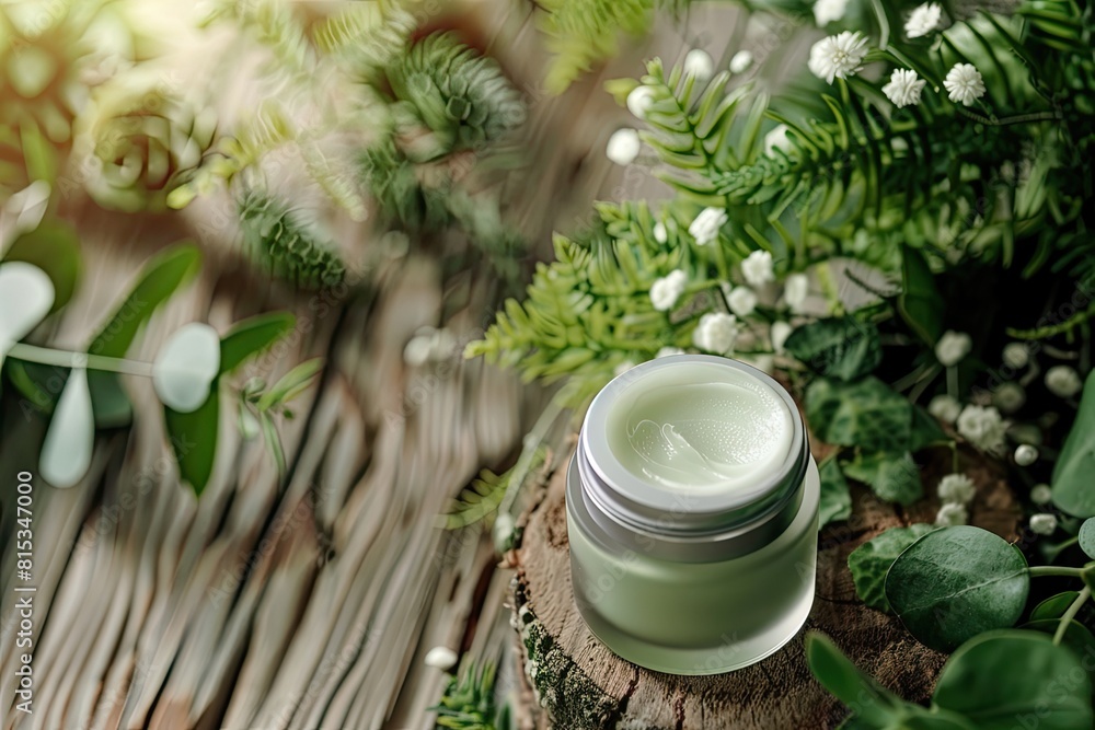 Skincare Green Plant Wood Face Cream White Scrub Translucent Bottle Facial Treatment Skincare Green Plant Wood Face Cream White Scrub Translucent Bottle Facial Treatment