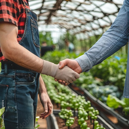 Farmer and agribusiness professional shaking hands in a greenhouse, finalizing a deal on organic produce supply