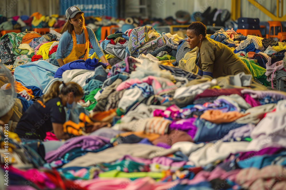 Workers sorting textile waste for recycling, promoting sustainable fashion and environmental responsibility.