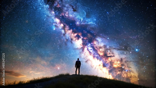 Under a blanket of stars, a lone figure stands on a hill, admiring the cosmic display above. The tranquil night scene conveys a feeling of peace and connection with the universe.