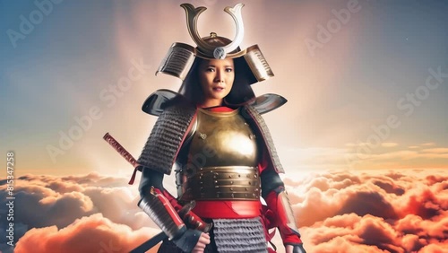 A powerful samurai stands in traditional armor, set against a dramatic cloudy background. The intricate details of the armor and the samurai's imposing stance create a sense of strength and honor.  photo