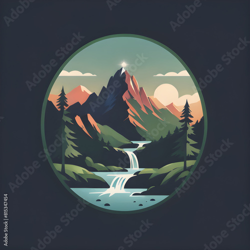 Illustration of a landscape with tree. Evergreen peaks and flowing streams, nature's tranquil embrace.
