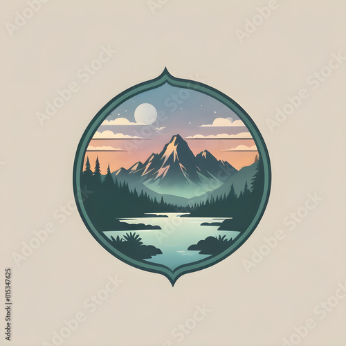 Mountain landscape illustration. Majestic mountain haven, where rivers meet forests.

