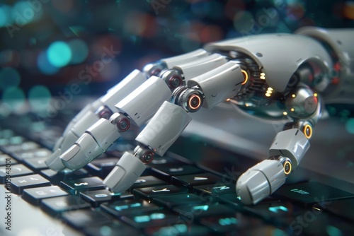 Closeup of a humanoid robot hand typing on a keyboard, depicting advanced artificial intelligence technology in action, with soft focus background