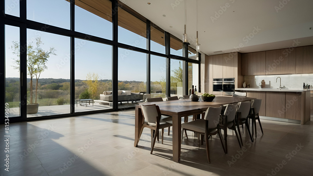 Fototapeta premium A stylish spacious kitchen and living room with modern minimalist design