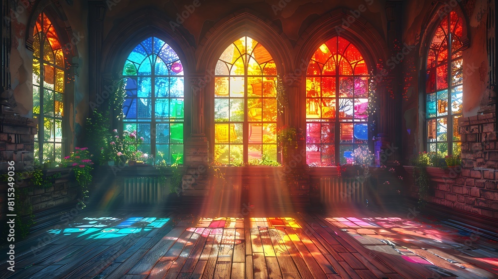 A boho kitchen at dusk, with soft light filtering through colorful stained glass windows, casting colorful patterns on a distressed wood floor. A boho kitchen at dusk, with soft light filtering through colorful stained glass windows, casting colorful patterns on a distressed wood floor.