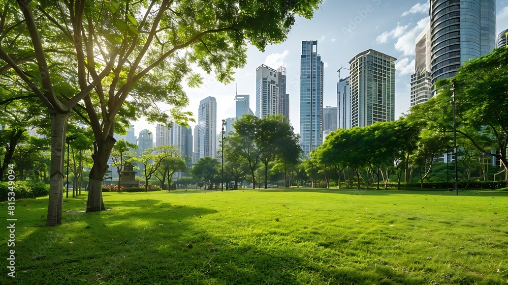 Obraz premium Public park and highrise buildings cityscape in metropolis city center Green environment city and downtown business district in panoramic view : Generative AI