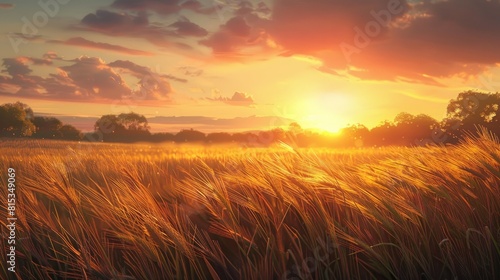 As the sun sets over the wheat fields in the rural countryside envision a tranquil and unplugged scene basking in the warm summer sunlight photo