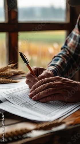 A farmer reviews paperwork in his home office while gazing out the window at his fields.