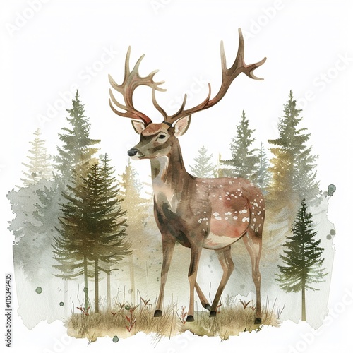 Calm deer in the forest mist single object clipart