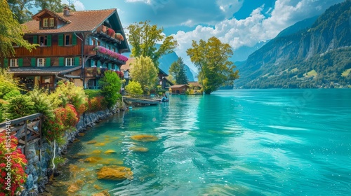Stunning idylic nature scenery of lake Brienz with turquoise waters. Switzerland, Bern canton. Iseltwald village surrounded turquoise waters --ar 16:9 Job ID: 54a2e868-73c0-42b0-a094-b1e01ac076bb © Farda