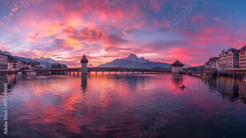 Sunset in historic city center of Lucerne with famous Chapel Bridge and lake Lucerne (Vierwaldstattersee), Canton of Lucerne, Switzerland --ar 16:9 Job ID: f84ec539-e29e-4783-95cd-ae26f45fa564