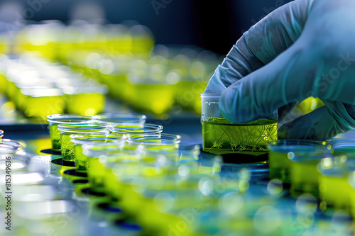 Researcher analyzing algae samples for biofuel development, alternative energy sources. photo