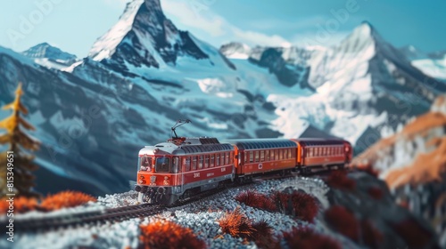 Swiss mountain train Bernina Express crossed Alps --ar 16:9 Job ID: ad227809-bc28-4036-ab35-f4a50cbc9215 photo