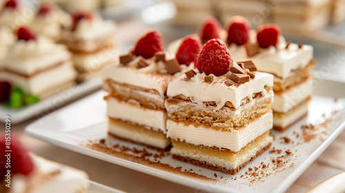 Plate of mini layered dessert cake with vanilla mousse.