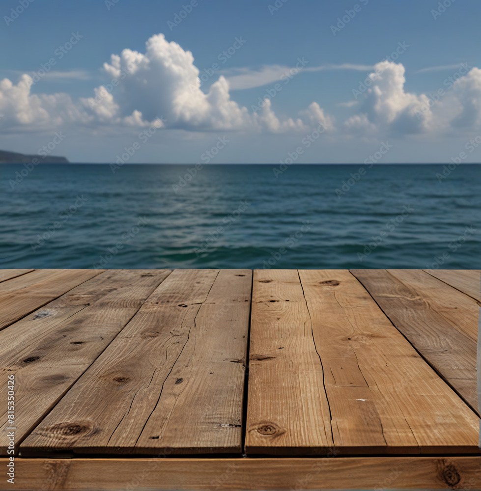 Wooden table with sea background summer concept banner, poster ads