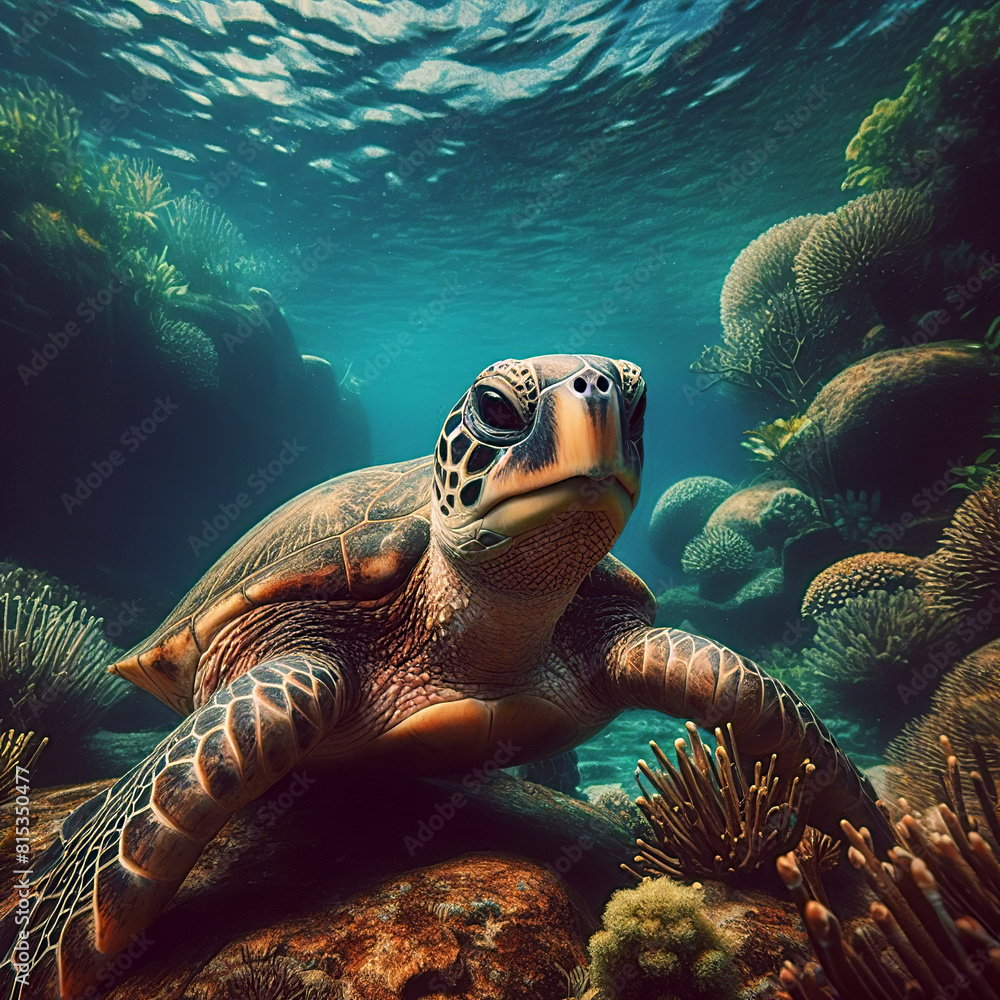 Fototapeta premium Tortuga Marina Navegando en Arrecife de Coral Iluminado por Rayos de Sol