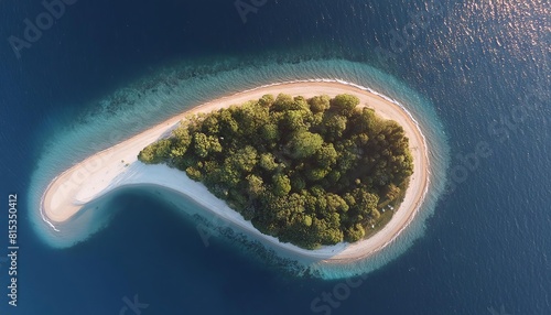 A top view of a half moon crescent shape island in ocean