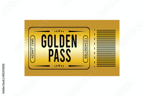 Golden ticket. Realistic golden show ticket. Old premium cinema entrance tickets. Gold admission to movie theater or amusement shows vector set. EPS 10.