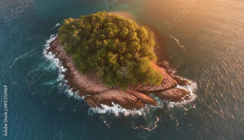 A top view of a half moon crescent shape island in ocean
