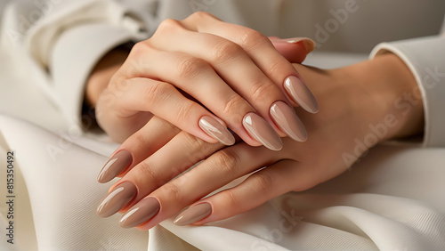 A stunning cinematic close-up of a woman s hands adorned with a flawless neutral-colored gel manicure  generative ai 