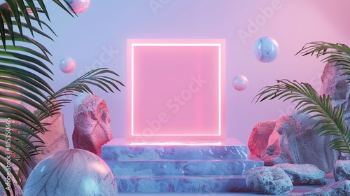 A blue and pink neon-lit stage with stairs leading up to it. There are rocks and palm trees on either side of the stage and several blue spheres scattered around. There is also smoke or fog on the sta photo