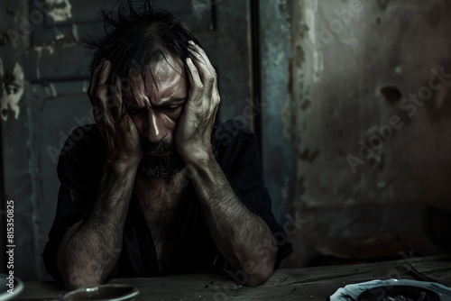 Depressed Man Sitting at a Table in a Dark Room - Poverty and Mental Illness Concept