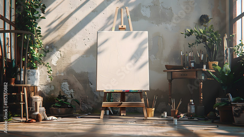A white canvas is propped up on a wooden easel in a studio