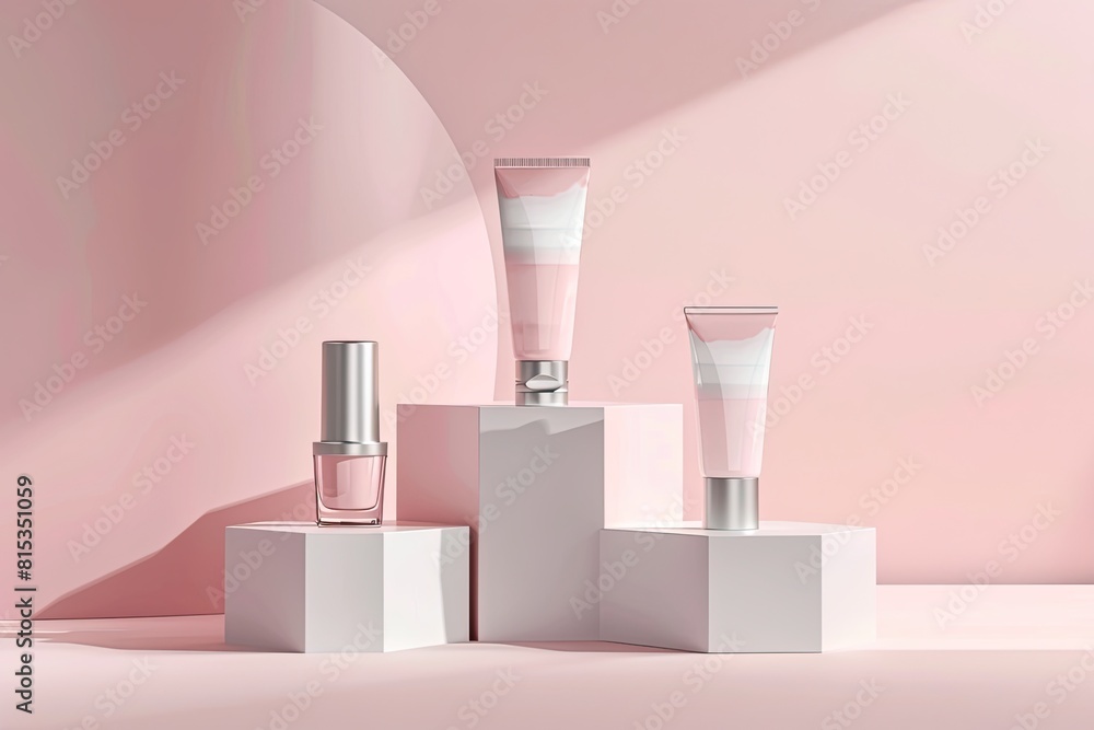 Three cosmetic product mockups on geometric podiums. Background for presentation of cosmetic Three cosmetic product mockups on geometric podiums. Background for presentation of cosmetic