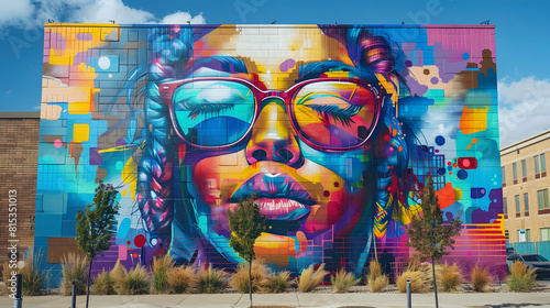 Fototapeta Naklejka Na Ścianę i Meble -  A colorful painting of a woman with glasses and a smile on her face