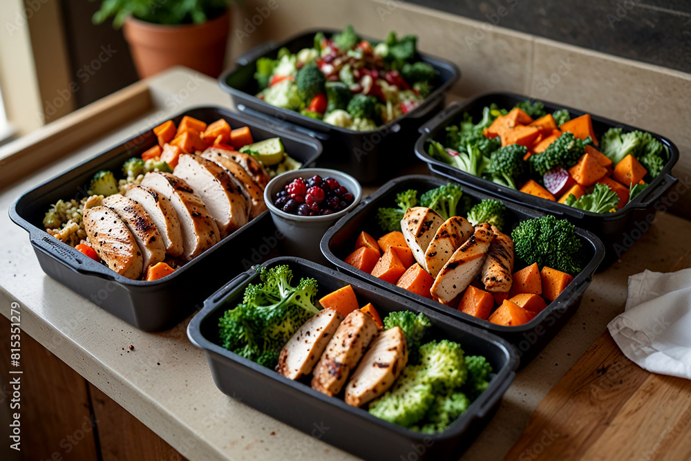 Healthy meals, such as grilled chicken with steamed vegetables, quinoa with roasted sweet potatoes, and a mixed berry salad, organized neatly on a kitchen Healthy meals, such as grilled chicken with steamed vegetables, quinoa with roasted sweet potatoes, and a mixed berry salad, organized neatly on a kitchen