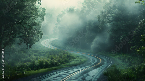 A winding road in a forest with foggy mist